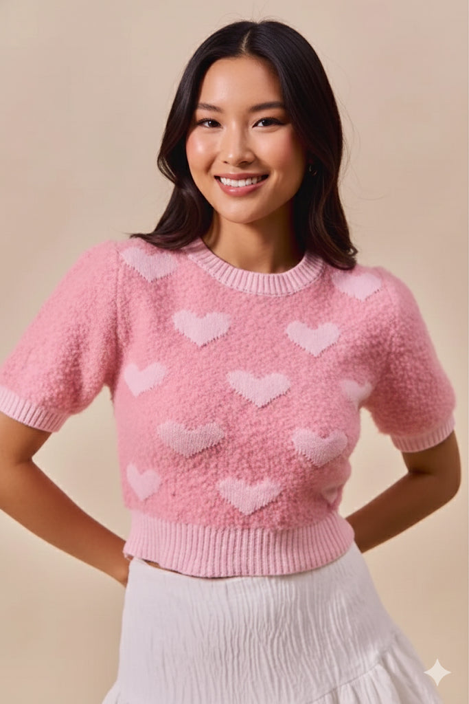 SO ME All Over Heart Valentine Cropped Sweater