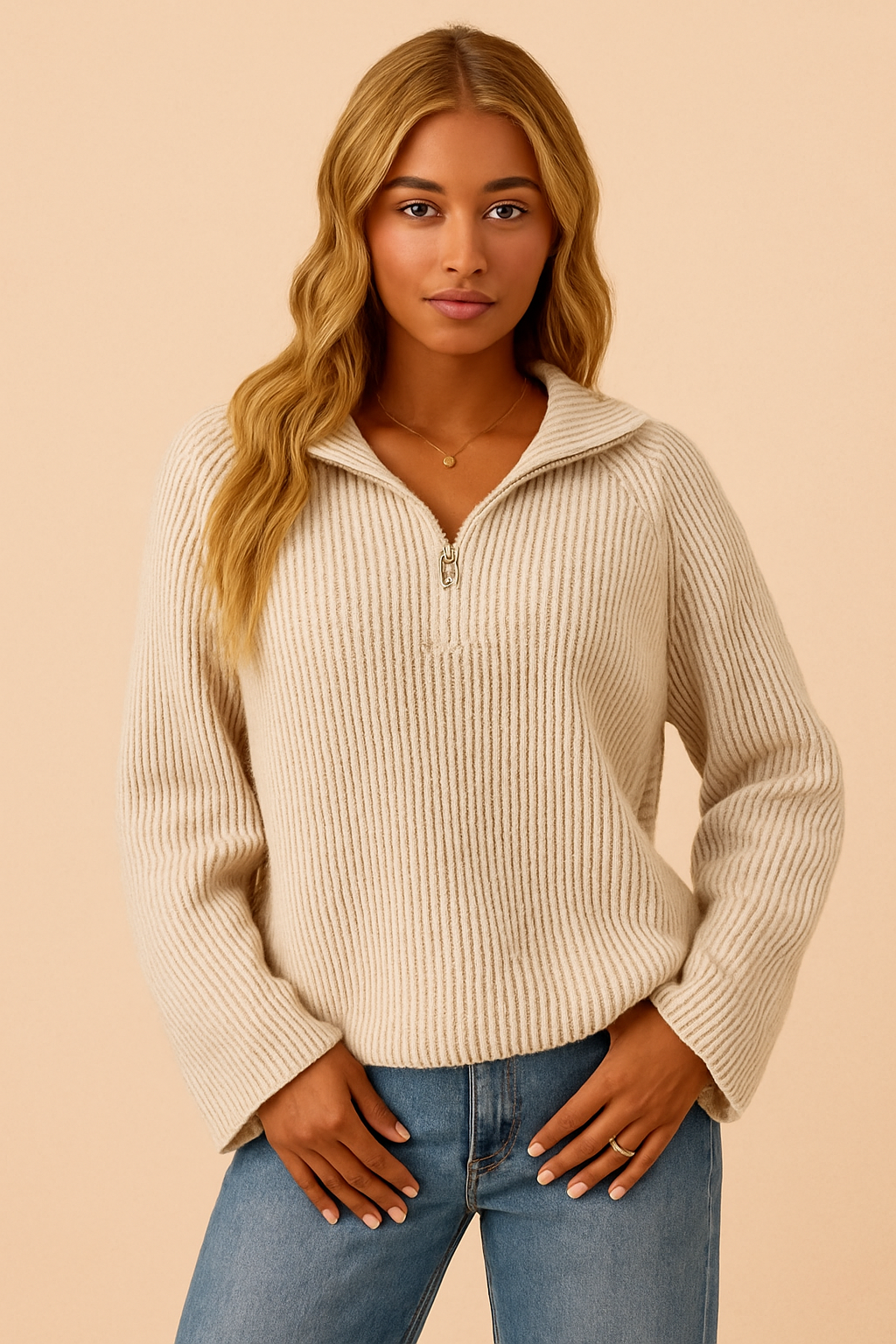 BiBi Two Tone Rib Texured Knit Collared Top with Zip Up