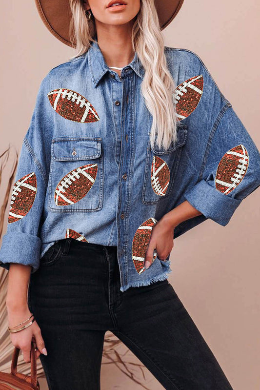 Raw Hem Sequin Football Long Sleeve Denim Jacket