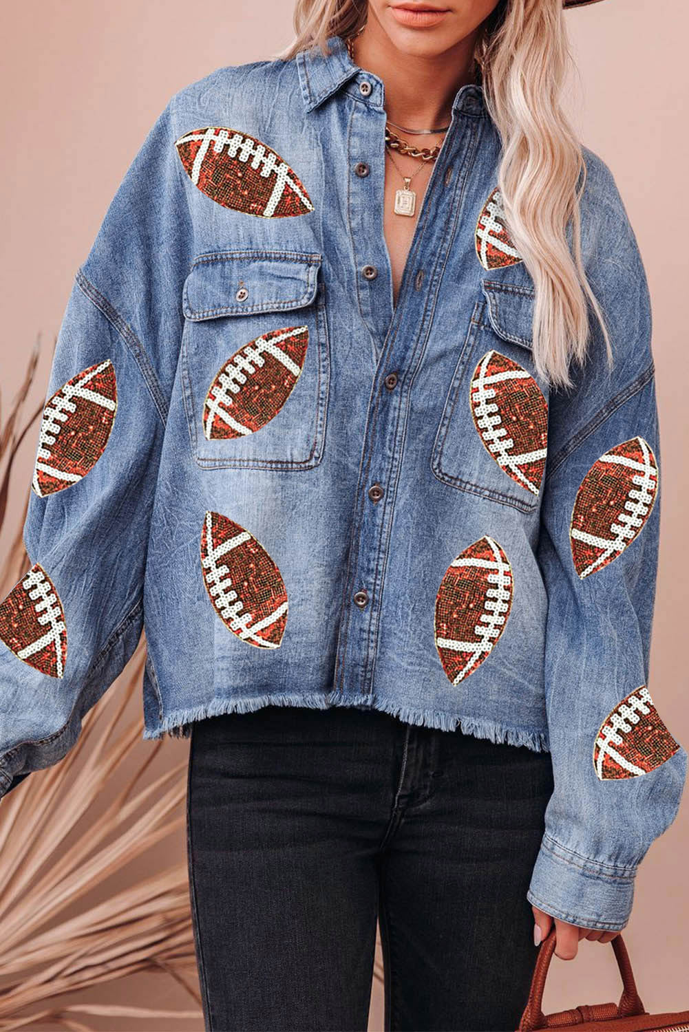 Raw Hem Sequin Football Long Sleeve Denim Jacket