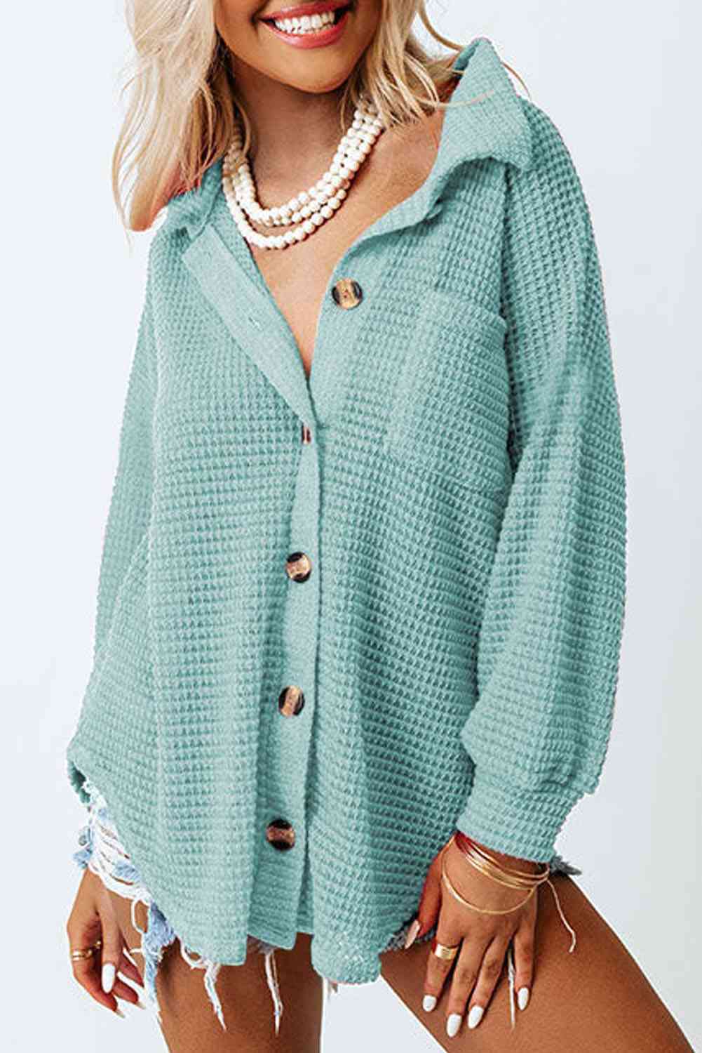 Waffle-Knit Button Up Shirt