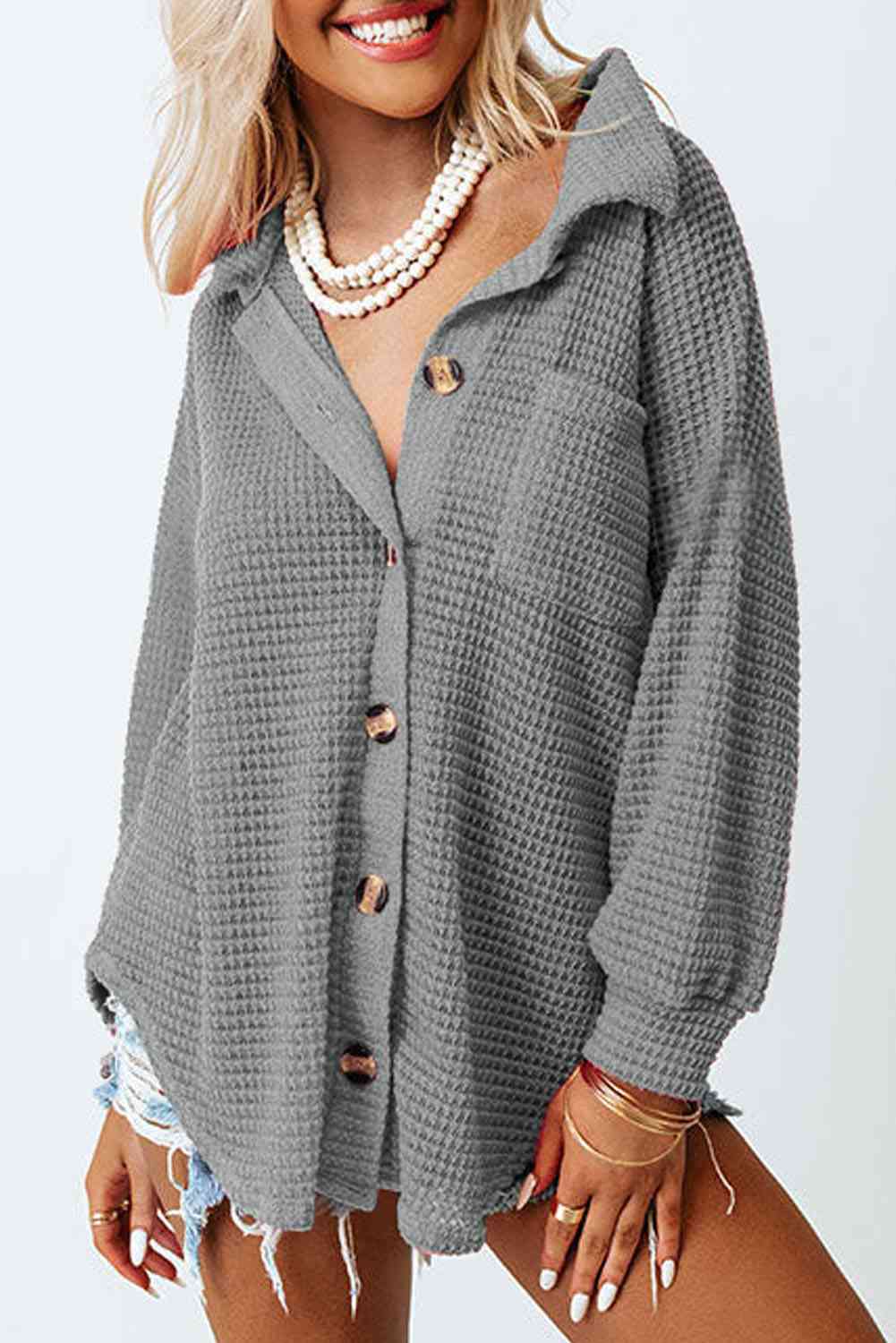 Waffle-Knit Button Up Shirt