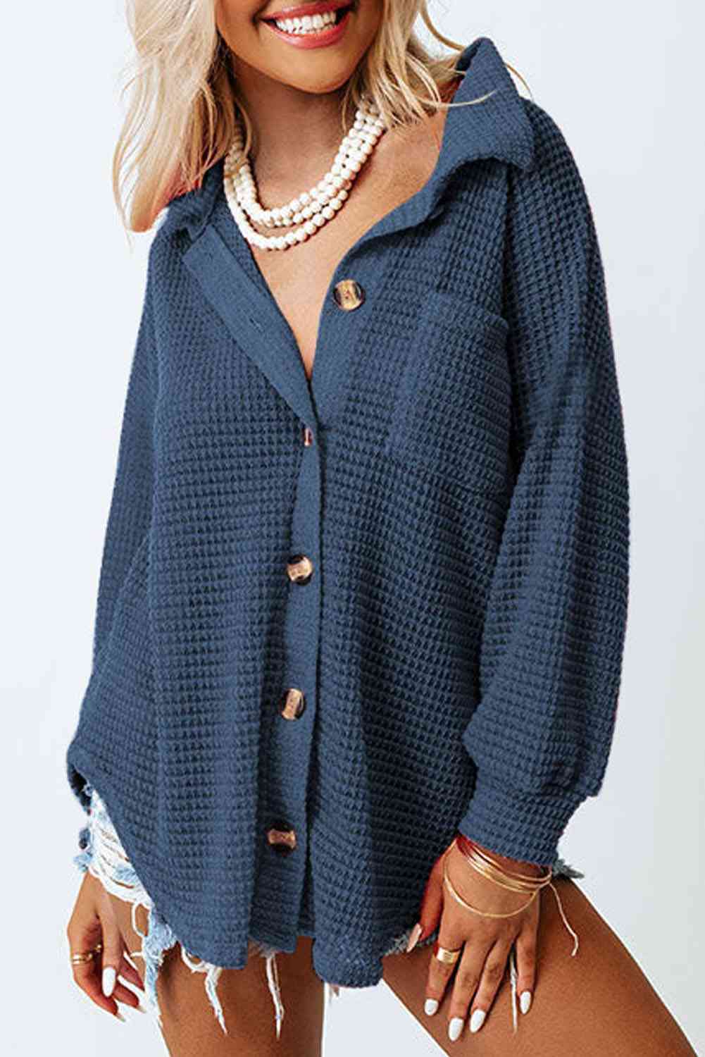 Waffle-Knit Button Up Shirt