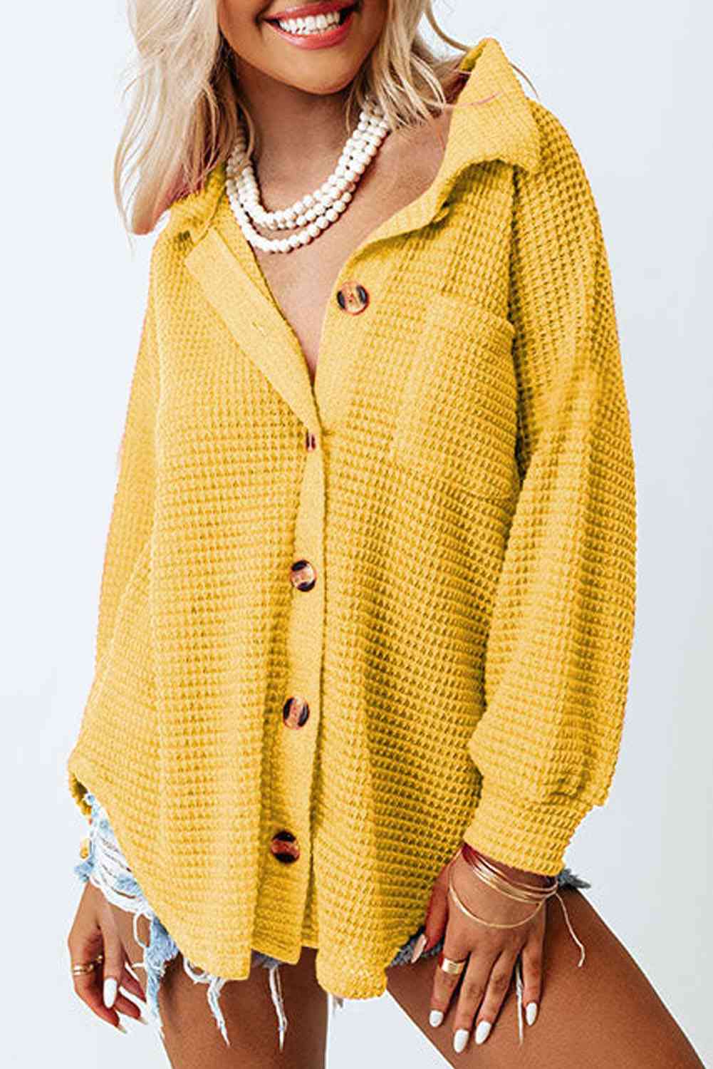 Waffle-Knit Button Up Shirt